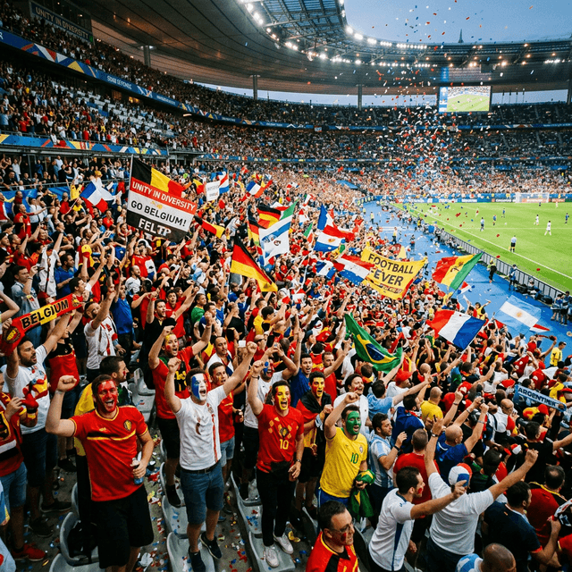 Packed stadium with fans waving USA Mexico and Canada flags at a World Cup match
